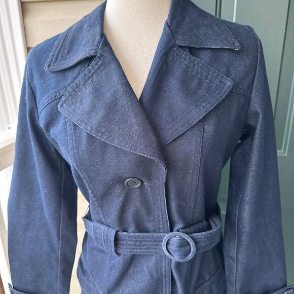GAP Dark Wash Denim Trench Coat Small | Classic Y2K Heritage Preppy Belted - Picture 2 of 8